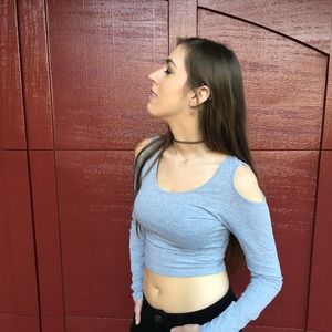 Gray long sleeve crop top with cut outs
